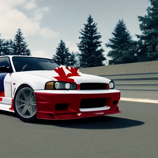 Image similar to skyline r34 with Canadian flag paintwork, 4k, unreal engine, octane render