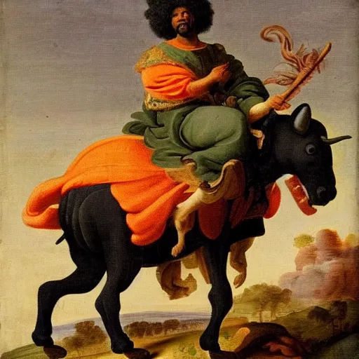 Image similar to black man with afro hair wearing an army green cloak, ( ( ( riding an orange bull ) ) ), renaissance style painting, stunning detail and accuracy