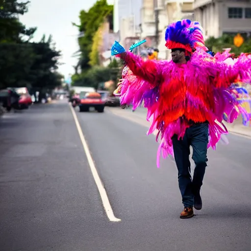 Image similar to a man made of colorful feather boas walking across the street