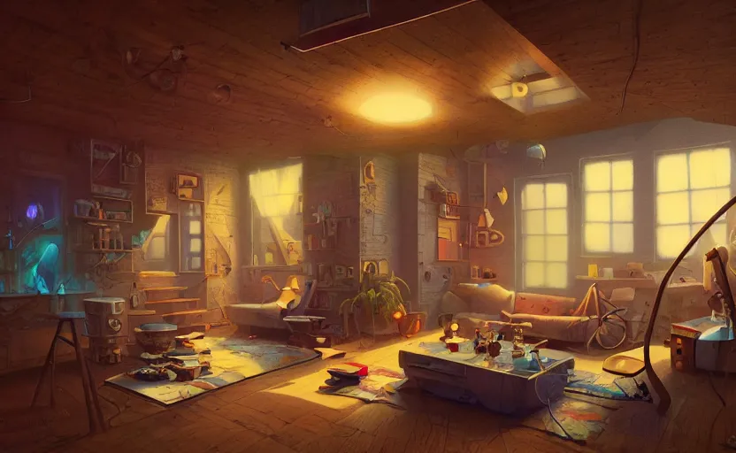 Prompt: Interior shot of a cozy loft by Petros Afshar and Beeple, James Gilleard, Mark Ryden, Wolfgang Lettl highly detailed