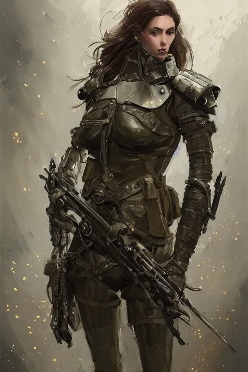 Image similar to a finely detailed portrait of an attractive young woman, clothed in military-style battle armor, shoulder mounted gun, olive skin, long dark hair, beautiful bone structure, symmetrical facial features, intricate, elegant, digital painting, trending on Artstation, concept art, smooth, sharp focus, illustration, from Metal Gear by Ruan Jia and Mandy Jurgens and Artgerm and William-Adolphe Bouguerea, award winning