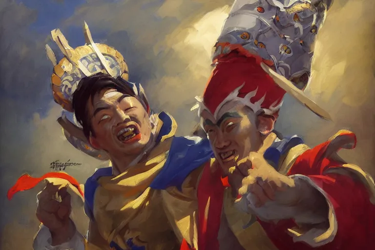 Prompt: greg manchess portrait of an asian man in a jester outfit cheering in the center of an arena, profile picture, organic painting, sunny day, matte painting, bold shapes, hard edges, street art, trending on artstation, by huang guangjian, gil elvgren, ruan jia, randy vargas, greg rutkowski