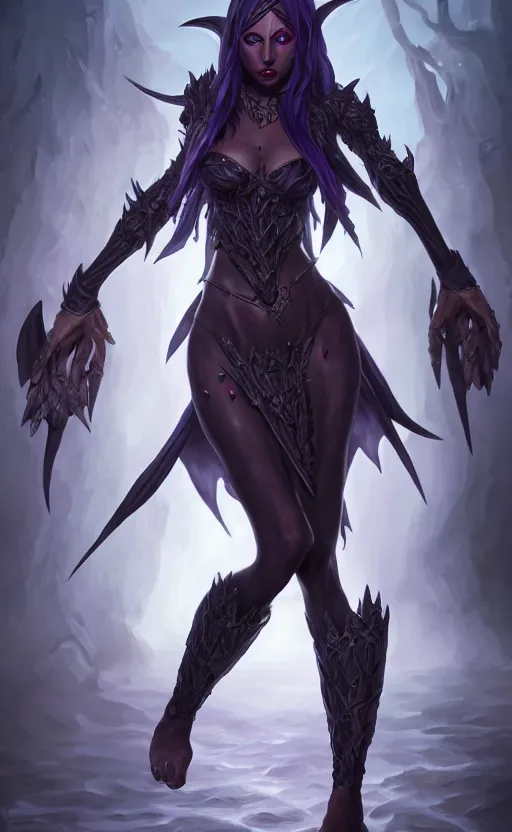 Image similar to full body shot of dark elf witch, highly detailed, d & d, fantasy, highly detailed, digital painting, trending on artstation, concept art, sharp focus, illustration, global illumination, ray tracing, realistic shaded, art by artgerm and greg rutkowski and fuji choko and viktoria gavrilenko and hoang lap,