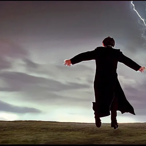 Image similar to Harry potter upright and levitating, back view, thunderclouds, cinematic shot, intricate detail and quality, movie still, nighttime, crescent moon, minor motion blur, action shot, photorealistic, intense scene, visually coherent, symmetry, rule of thirds, movement, vivid colors, award winning, directed by Steven Spielberg, Christopher Nolan, Tooth Wu, Asher Duran, Greg Rutkowski