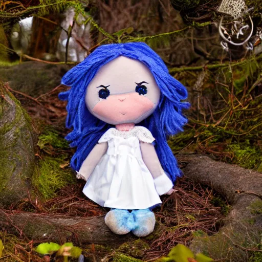 Image similar to blue'snappy gifts doll'in magical forest, gifts, dark atmosphere, high detail, soft lighting, 8 k