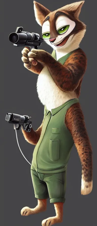 Image similar to “ animal character in the style of zootopia holding laser gun, floating alone, with a black dark background, digital art, award winning, trending on art station ”