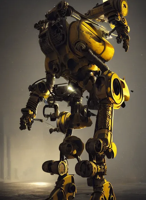 Image similar to a photorealistic dramatic hyperrealistic render of a futuristic exosuit power loader heavy machinery, ultra realistic details, glossy yellow, well worn, rust, oil stains by vitaly bulgarov and mike nash, beautiful dramatic dark moody tones and lighting, cinematic atmosphere, studio lighting, global illumination, shadows, dark background, octane render, 8 k