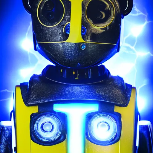 Image similar to portrait photo of a robot bear as a jedi, blue and yellow lighting, dark, cinematic, high quality, 4 k