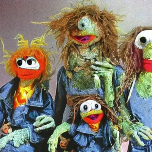 Prompt: zombie fraggle rock muppets, family photo of zombie muppets, dawn of the dead ( 1 9 7 8 ), photo from the 7 0 s