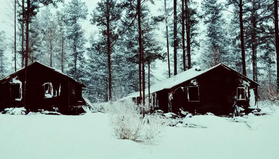 Image similar to 1 9 7 0 s movie still of a frozen burning house in a snowy pine forest, cinestill 8 0 0 t 3 5 mm, high quality, heavy grain, high detail, texture, dramatic light, ultra wide lens, panoramic anamorphic, hyperrealistic,