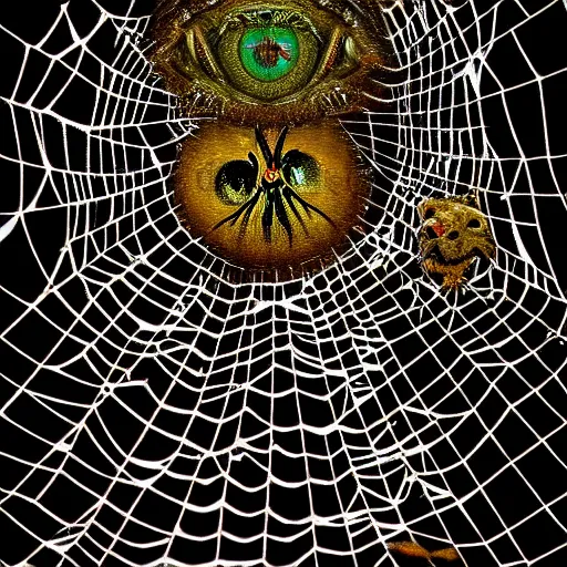 Image similar to spiders and eyes through the visage of lysergic acid diethylamide on webs of diamond, highly detailed, hyper realistic, studio lighting, creepy