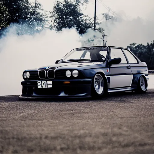 Image similar to greta thunber with a bmw m 3 e 3 0 in the background, spewing black smoke from it's exhaust