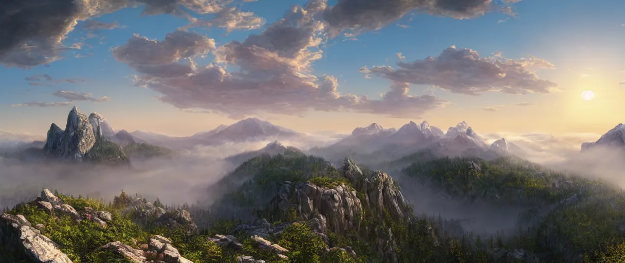 Image similar to a photorealistic breathtaking aerial view of the eastern alps mountain range at sunrise, cliffs, volumetric light, haze, fog, hyperrealism, rock edge, highly detailed, intricate, cinematic, front facing camera, cinematic, epic lighting, 8 k by frederic church, albert bierstadt