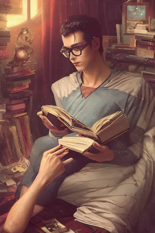 Prompt: magic nerdy guy reading a book in a cluttered messy bedroom, artgerm, tom bagshaw, gerald brom, vaporwave, vaporwave colors, perfect face, detailed face, symmetrical face,