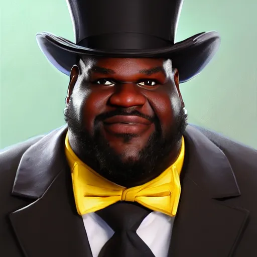 Image similar to pixar portrait painting of shaquille o'neal wearing a top hat and armor as an overwatch character, medium shot, asymmetrical, profile picture, organic painting, foggy day, matte painting, bold shapes, hard edges, street art, trending on artstation, by huang guangjian and gil elvgren and sachin teng