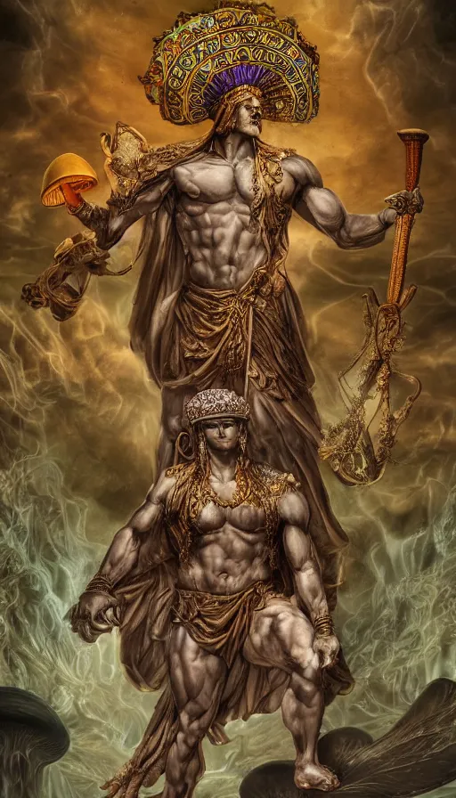 Prompt: a masterpiece hyperdetailed dnd tarot card, magnificent mushroom deity as depicted in a colossal greek marble statue ( with godlike bodybuilder physique ), hd tarot card depicting monumental statue of a mushroom god with cute large mushroom hat, hdr, 8 k, artstationhq, digital art