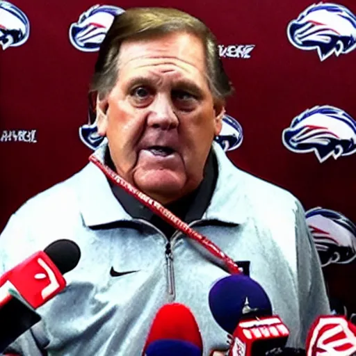 Prompt: A burning in flames coach Belichick talking to the media