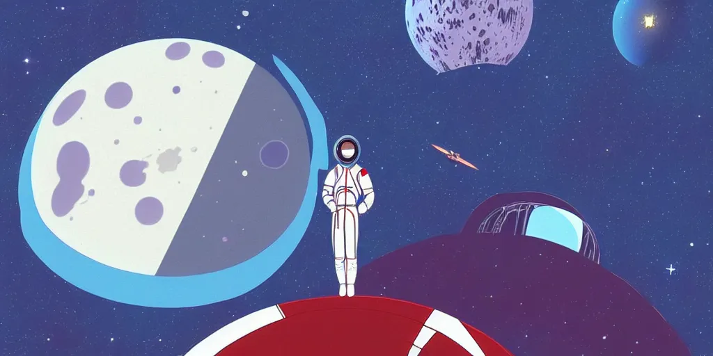 Prompt: a portrait of lonely single Alain Delon alone pilot in spacesuit on field forrest symmetrical spaceship station landing laying lake artillery outer worlds shadows in FANTASTIC PLANET La planète sauvage animation by René Laloux
