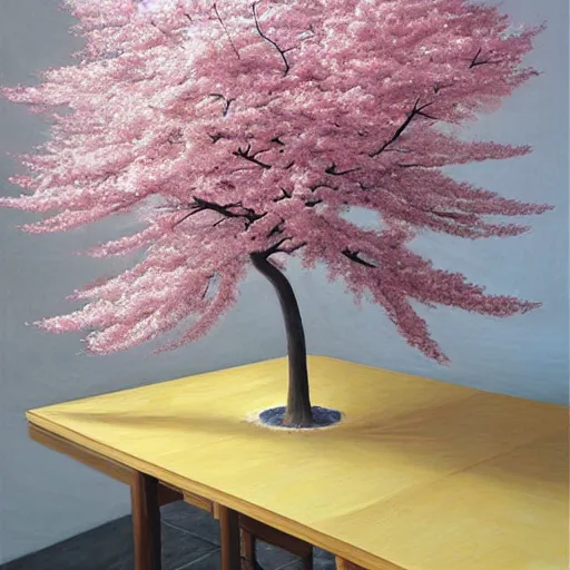 Prompt: a sculpture of sakura tree on the table, hyperrealism oil painting
