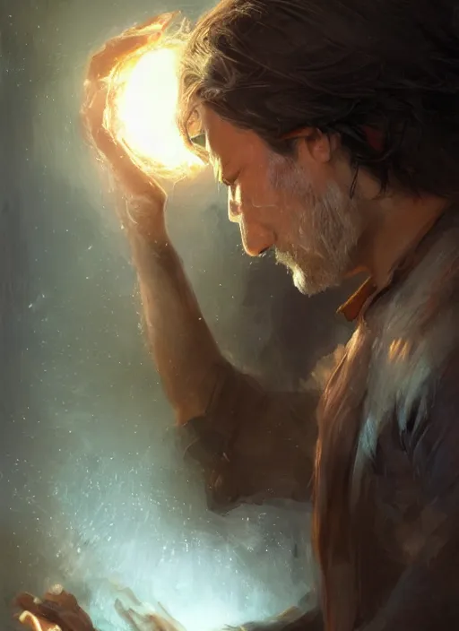 Image similar to side profile of a man with long black hair in brown rags holding a magical orb, fantasy, intricate, sharp focus, lens flare, bloom, illustration, highly detailed, digital painting, concept art, matte, art by ruan jia and wlop and greg rutkowski, masterpiece