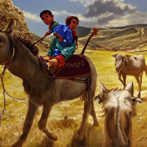 Image similar to a young boy kurdish shephard riding a donkey herding cows in the kurdish mountains art by martin ansin, highly detailed, 8 k, high resolution, award winning art, incredibly intricate