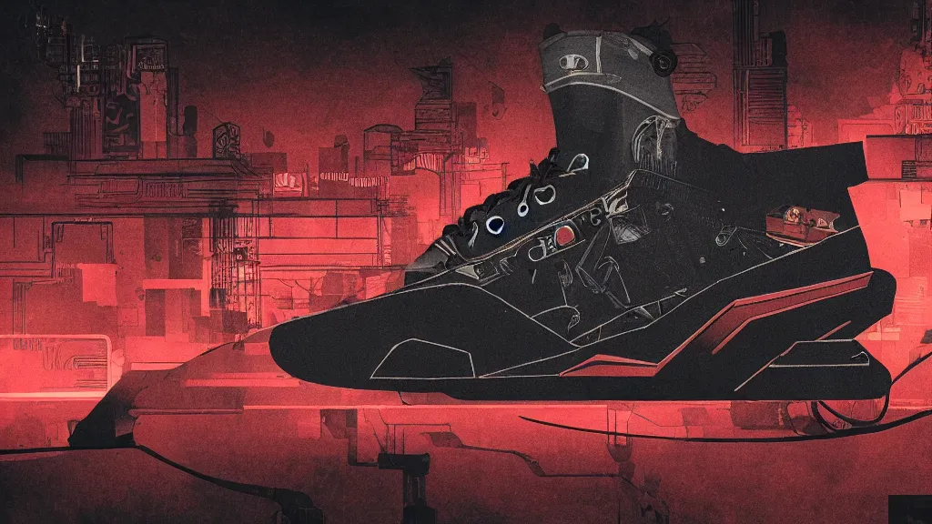 Image similar to sneaker with elements of plane f-18 in the style of cyberpunk noir art deco