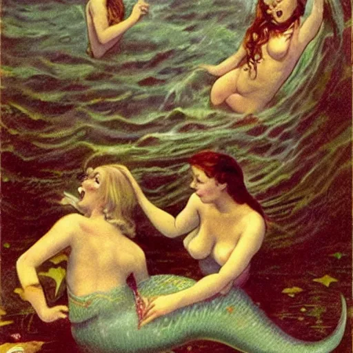 Image similar to beautiful deadly mermaids drowning sailors and eating them. Horror