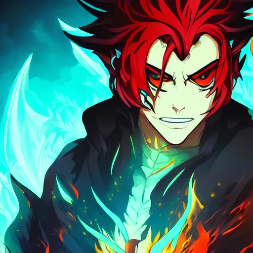 Prompt: villan devil handsome in demon slayer art, night, fire lines, anime style, detailed face, high quality, smooth in 8k, sharp focus, beautiful scene, black border, beautiful scene with a lot of colors, colorful fire, many colors