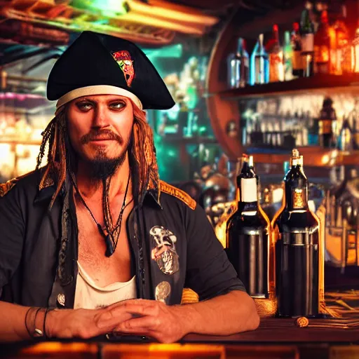 Image similar to a high quality portrait of a pirate bartender in a cyberpunk cyberpunk cyberpunk cafe, realism, 8k, award winning photo