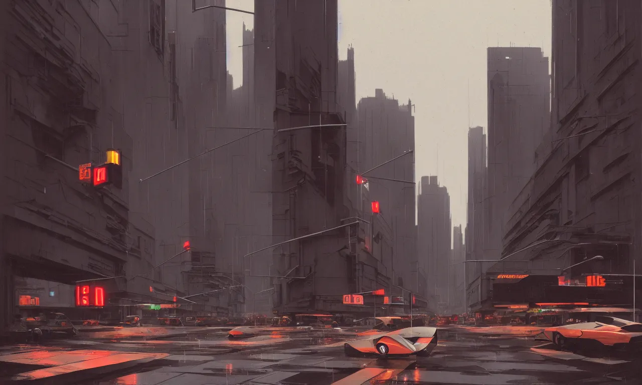 Image similar to streetscape, brutalist buildings, metal, concrete, wet streets, neon lights, neon signs, vehicles, pedestrians, syd mead, ralph mcquarrie, doug chiang, concept art, matte painting, finely detailed, minimal artifacts, rule of thirds, dynamic lighting, cinematic, denoised, centered, artstation