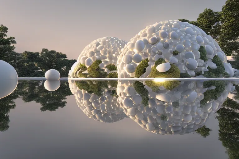 Image similar to a building formed by the intersection and fusion of many multi - white spherical and egg - shaped spaces. on the calm lake, people's perspective award winning, highly detailed 4 k art, dusk, unreal engine highly rendered, global illumination, radial light, internal environment by kazuyo sejima