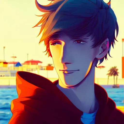 Image similar to ⁠portrait of Félix Lengyel(xqc), Santa Monica Pier background, rich vivid colors, ambient lighting, dynamic lighting, 4k, HQ, official media, anime key visual, makoto shinkai, ilya kuvshinov, lois van baarle, rossdraws, detailed, trending on artstation