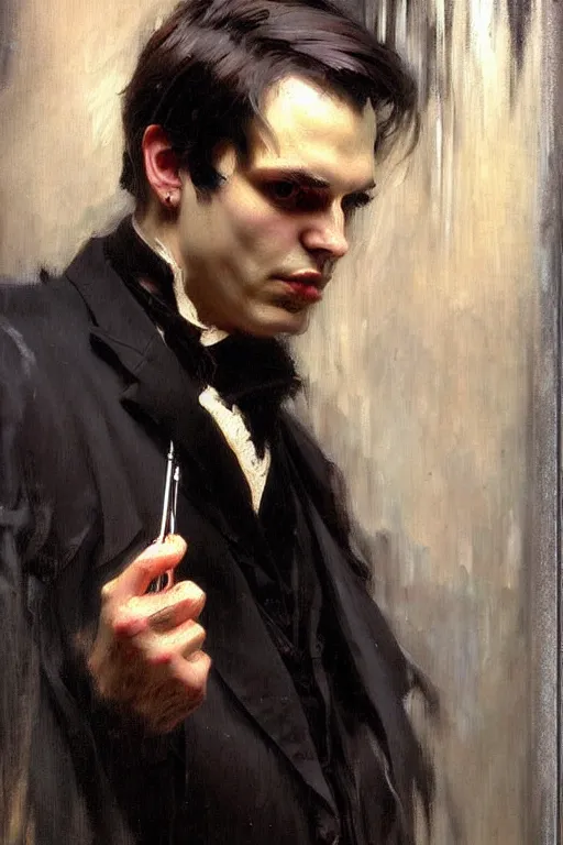 Prompt: impressionist brushstrokes!!!! giger and artgerm and richard schmid and jeremy lipking victorian loose genre loose painting full length portrait painting of a victorian male vampire