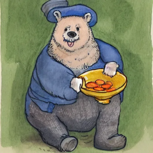 Image similar to a grumpy man dressed in a bear costume, holding a goldfish inside a bowl. watercolour with pencil, in the style of beatrix potter.