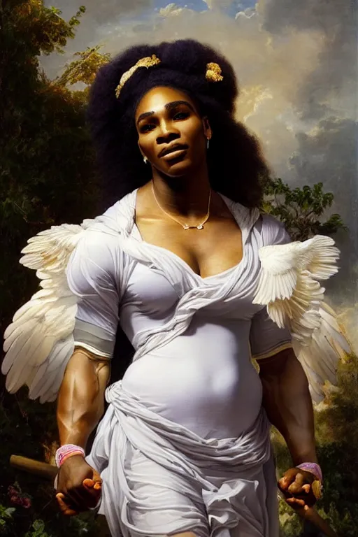 Image similar to Portrait of Serena Williams as Nike Goddess, large wings, luxuriant, dreamy, eternity, romantic, strong pose, highly detailed, in the style of Franz Xaver Winterhalter, highly detailed, in the style of Aetherpunk