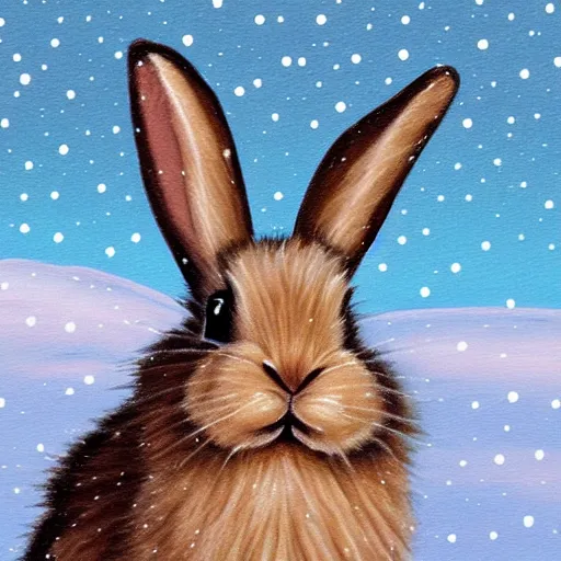 Prompt: cute fluffy tan lop eared bunny rabbit sitting in snowy winter landscape detailed painting 4k