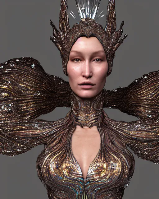 Image similar to a highly detailed metahuman 4 k close up render of an alien goddess bella hadid as alien in iris van herpen dress schiaparelli in diamonds crystals swarovski and jewelry in style of alphonse mucha gustav klimt trending on artstation made in unreal engine 4