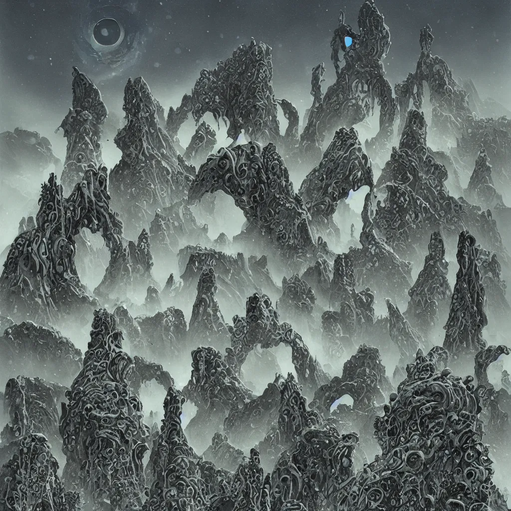 Image similar to the lovecraftian stonepunk city of leng, cyclopean towers and vast hovering stone sculptures of cephalopods in the mountains of antarctica, upward cinematic angle, by p. craig russell and michael kaluta, psychedelic atmosphere, heavy winter aesthetics, stunning composition, alien faces, monstrous animal statues, intricate, strange, elegant, digital art, hyperdetailed, colorful hyperrealism, brilliant photorealism, horror, masterpiece, 8k