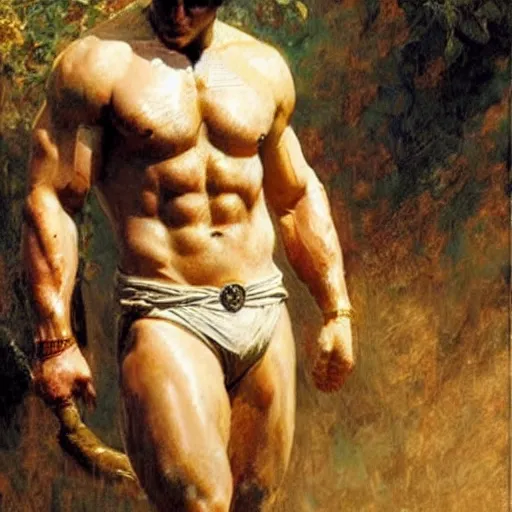 Image similar to Henry Cavill as a greek god, muscular, detailed face, thighs, painting by Gaston Bussiere, Craig Mullins