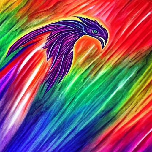 Prompt: artwork of a rainbow coulored phoenix, highly detailed, artstation, smooth illustration