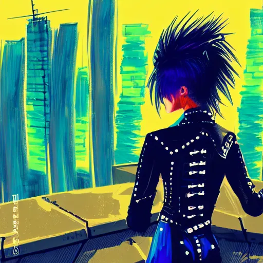 Image similar to gouache of a cute girl wearing punk rock outfit standing on the edge of the roof of a tall building, cyber punk 8 k wallpaper, strong brush stroke, very high detailed, sharp focus, illustration, morandi color scheme, art station, w 9 6 0