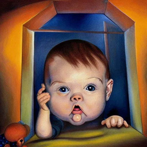 Image similar to a big head baby in floor inside a dark house, surrealism