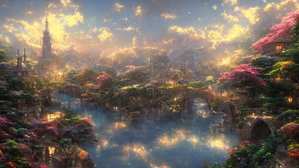 Prompt: place i've seen in my dream, matte painting by makoto shinkai and thomas kinkade,