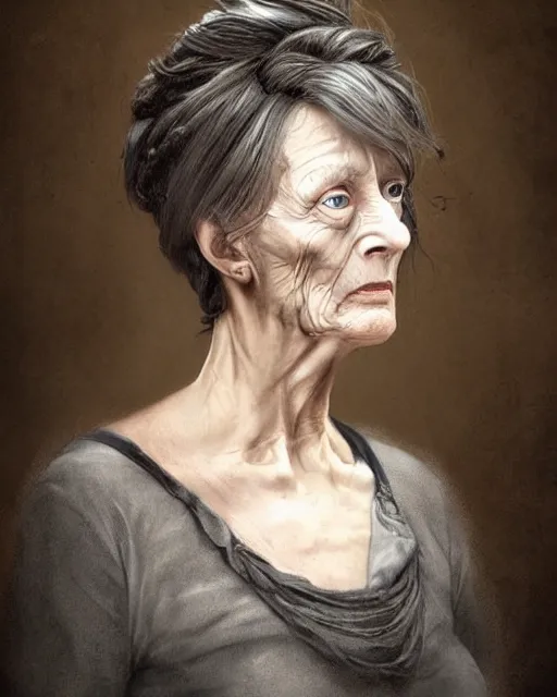Prompt: portrait 6 0 - year - old woman, tall, severe - looking, with dark hair tied up in a bun, mcgonagall, wearing in black clothes, hyper realistic face, beautiful eyes, fantasy art, in the style of greg rutkowski, intricate, alphonse mucha, hyper detailed, smooth