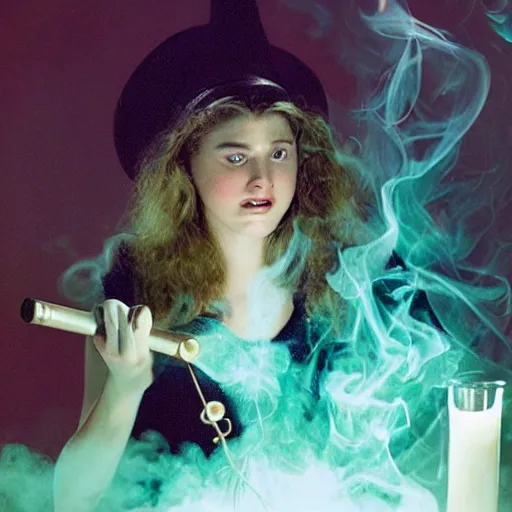 Image similar to teen witch mixing a spell in a cauldron with an owl next to her, wispy smoke, witch hat, studio photography, green glowing smoke is coming out of the cauldron, ingredients on the table, apothecary shelves in the background, still from sabrina the teenage witch