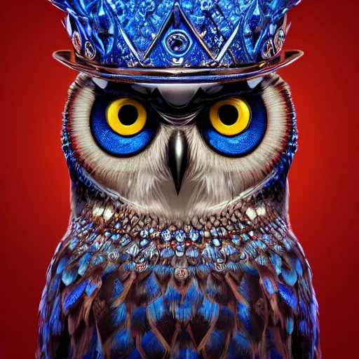 Image similar to magical owl, charactor, big blue eyes, with a diamond crown on his head, hyper detailed, stylistic, symmetrical, 3 d render, photorealitic, 8 k, octane render