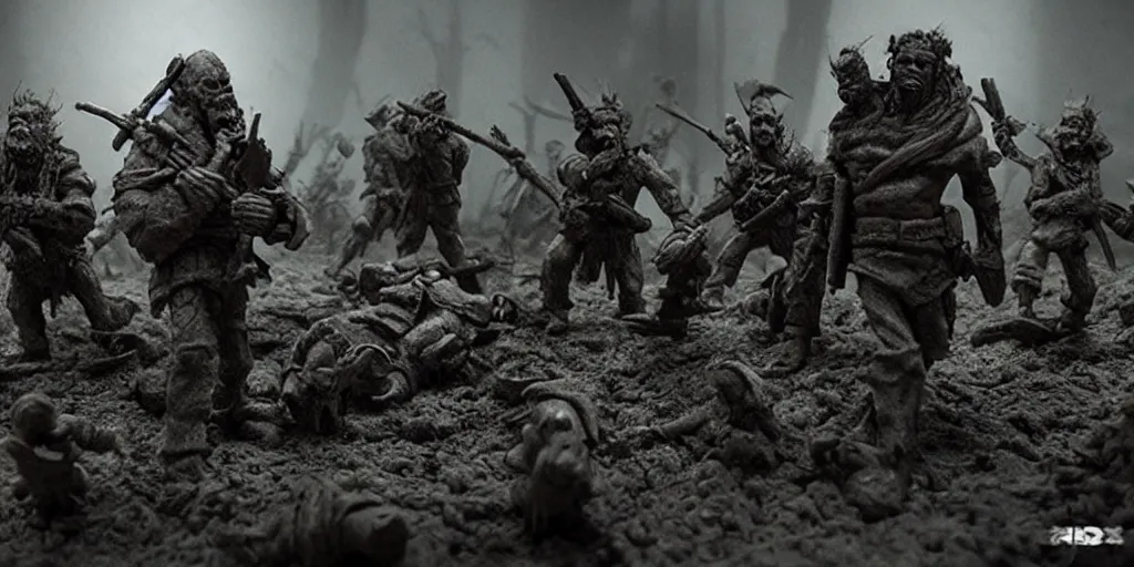 Image similar to the last war, extremely detailed claymation art, extremely realistic, dark, moody, foggy