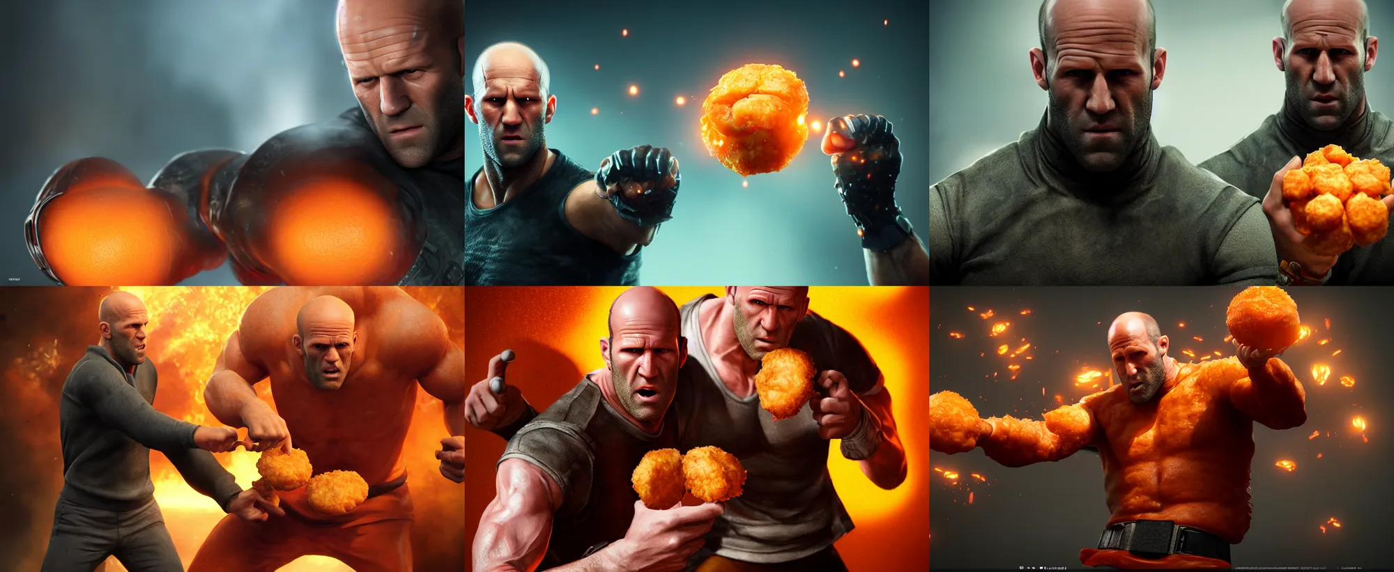 Prompt: ultrarealistic jason statham fighting a orange ( chicken nugget ), epic battle, fantasy character portrait, octane render, substance painter, movie action still frame, cinematic lighting, volumetric lighting, extreme intricate details, artstation, dnd art, cgsociety, sharp focus, digital painting by artgerm, gerald brom, wlop