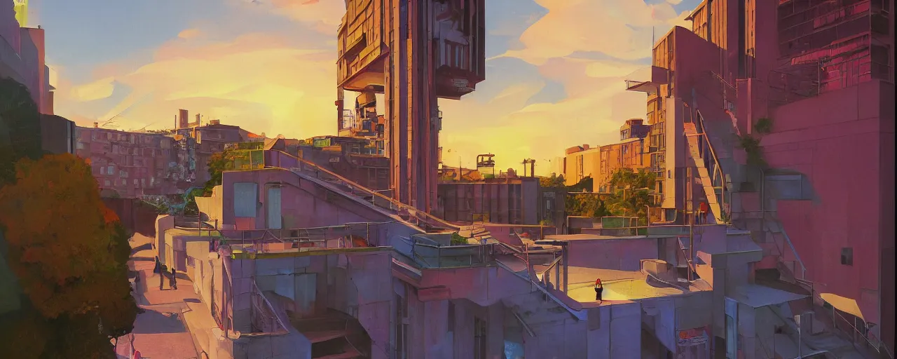 Image similar to An oilpainting of neo brutralism, concrete housing, a long stairway up, concept art, colorful, vivid colors, sunrise, warm colors, light, strong shadows, reflections, cinematic, 3D, in the style of Akihiko Yoshida and Edward Hopper