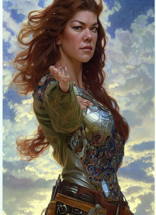 Image similar to Adrianne Palicki as a beautiful young woman holding a pistol, science fiction, intricate, elegant, highly detailed, centered, digital painting, artstation, concept art, smooth, sharp focus, illustration, art by artgerm and donato giancola and alphonse mucha